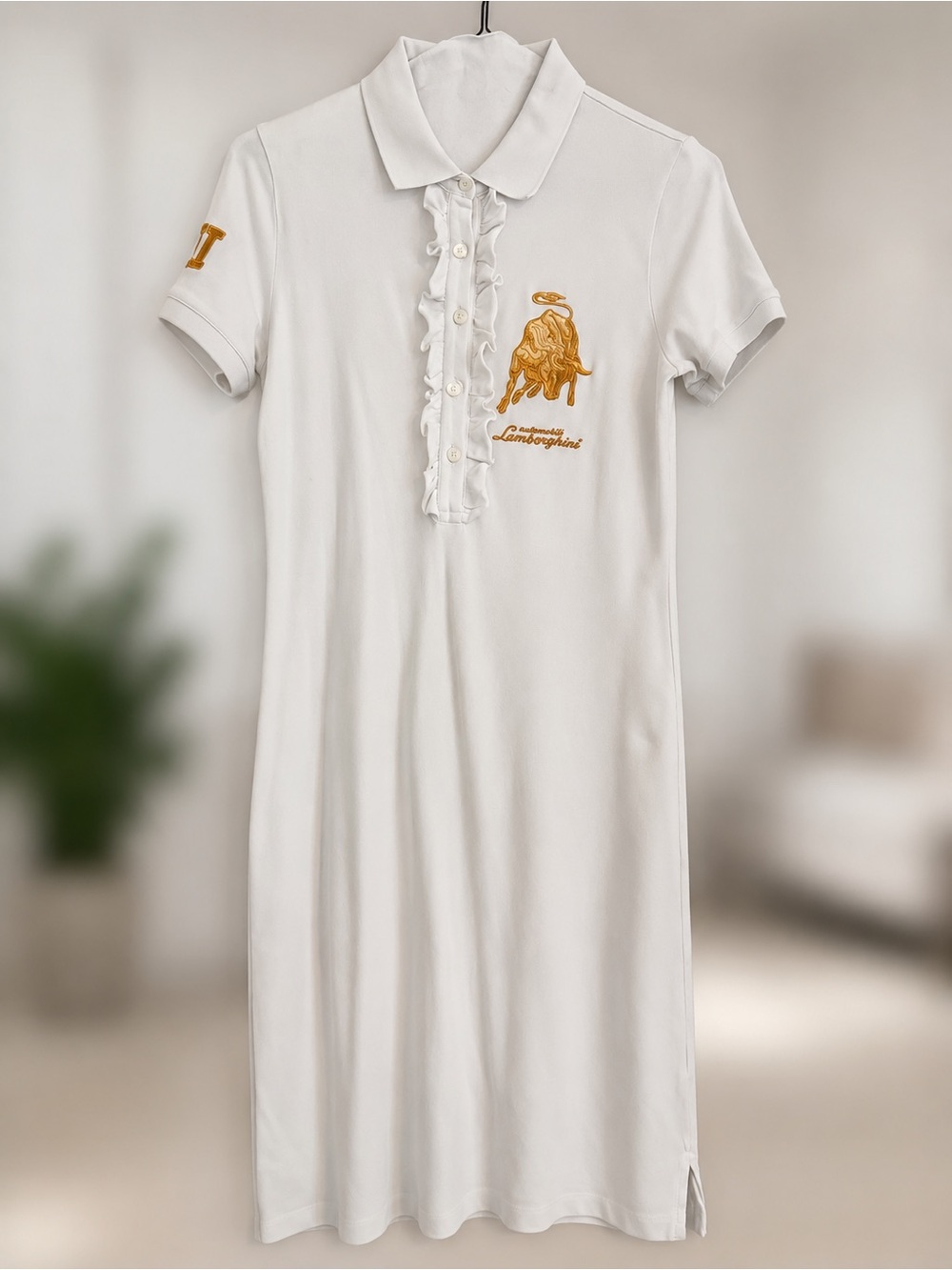 Lamborghini White Polo Dress with Gold Embroidery